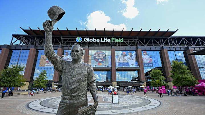 Jul 13, 2024; Arlington, TX, USA;  A view of the ballpark exterior and the Nolan Ryan statue before the 2024 All Star Celebrity Softball Game at Globe Life Field. Mandatory Credit: Jerome Miron-Imagn Images