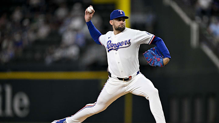 Apr 29, 2026; Arlington, Texas, USA; Texas Rangers pitcher Nathan Eovaldi (17) pitches against the New York Yankees during the first inning at Globe Life Field. Mandatory Credit: Jerome Miron-Imagn Images