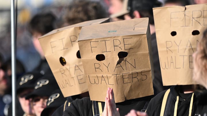 Nov 16, 2024; West Lafayette, Indiana, USA; Purdue Boilermakers fans show their disapproval of Purdue Boilermakers head coach Ryan Walters during the first quarter against the Penn State Nittany Lions at Ross-Ade Stadium. Mandatory Credit: Marc Lebryk-Imagn Images