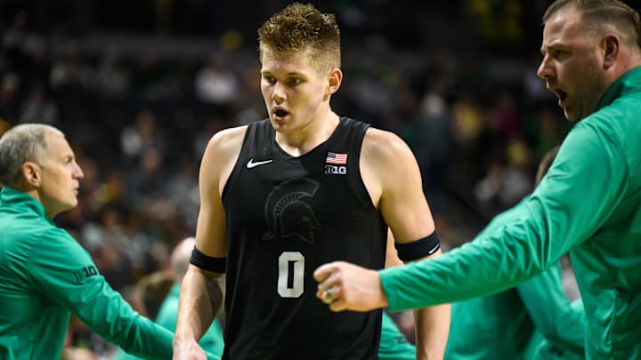 Jan 20, 2026; Eugene, Oregon, USA; Michigan State Spartans forward Jaxon Kohler (0) goes to the bench during the second half against the Oregon Ducks at Matthew Knight Arena. Mandatory Credit: Craig Strobeck-Imagn Images