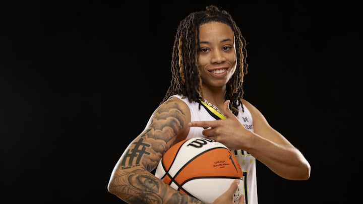 May 7, 2025; Arlington, TX, USA; Dallas Wings guard JJ Quinerly poses for a photo during the 2025 Dallas Wings Media Day. Mandatory Credit: Jerome Miron-Imagn Images