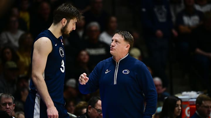 Jan 10, 2026; West Lafayette, Indiana, USA;  Penn State Nittany Lions head coach Mike Rhoades has a moment with Penn State Nittany Lions forward Ivan Juric (3) against the Purdue Boilermakers.