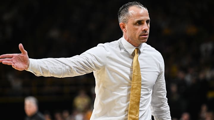 Feb 14, 2026; Iowa City, Iowa, USA; Iowa Hawkeyes head coach Ben McCollum reacts during the first half against the Purdue Boilermakers at Carver-Hawkeye Arena. Mandatory Credit: Jeffrey Becker-Imagn Images