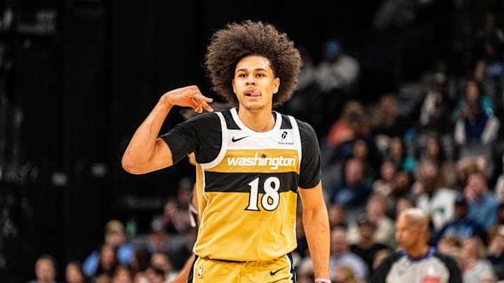 Dec 20, 2025; Memphis, Tennessee, USA; Washington Wizards Forward Kyshawn George (18) celebrates after hitting a three point shot in the third quarter against the Memphis Grizzlies at FedExForum. Mandatory Credit: Matthew Smith-Imagn Images