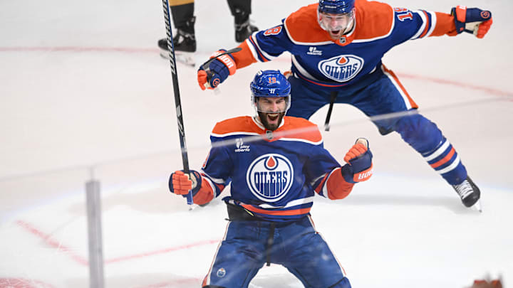 Edmonton Oilers centre Adam Henrique (19) celebrates a goal the first period against the Vegas Golden Knights