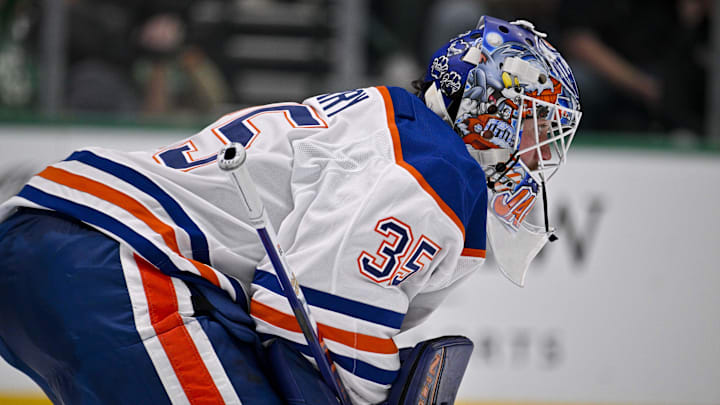 Mar 12, 2026; Dallas, Texas, USA; Edmonton Oilers goaltender Tristan Jarry (35) looks on during the game between the Stars and the Oilers at the American Airlines Center. Mandatory Credit: Jerome Miron-Imagn Images