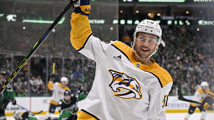 Feb 28, 2026; Dallas, Texas, USA; Nashville Predators left wing Michael Bunting (58) celebrates scoring a power play goal against Dallas Stars goaltender Jake Oettinger (29) during the first period at the American Airlines Center. Mandatory Credit: Jerome Miron-Imagn Images Feb 28, 2026; Dallas, Texas, USA; Nashville Predators left wing Michael Bunting (58) celebrates scoring a power play goal against Dallas Stars goaltender Jake Oettinger (29) during the first period at the American Airlines Center. Mandatory Credit: Jerome Miron-Imagn Images
