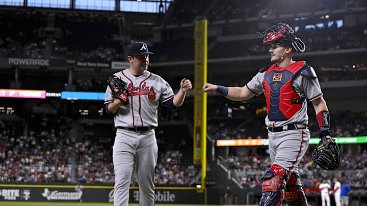 May 16, 2023; Arlington, Texas, USA; Atlanta Braves starting pitcher Jared Shuster (45) and catcher