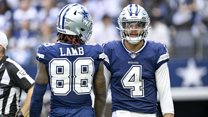 Oct 30, 2022; Arlington, Texas, USA; Dallas Cowboys quarterback Dak Prescott (4) and wide receiver CeeDee Lamb (88) during the game between the Dallas Cowboys and the Chicago Bears at AT&T Stadium. Mandatory Credit: Jerome Miron-USA TODAY Sports