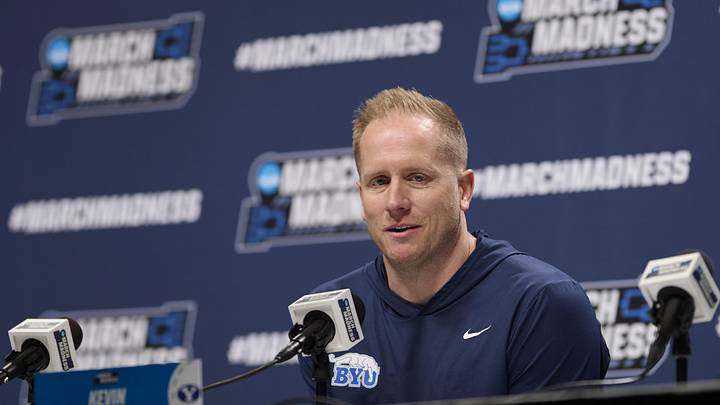 Mar 18, 2026; Portland, OR, USA; BYU Cougars head coach Kevin Young answers questions during a press conference before a practice session ahead of the first round of the men's 2026 NCAA Tournament at Moda Center. Mandatory Credit: Troy Wayrynen-Imagn Images