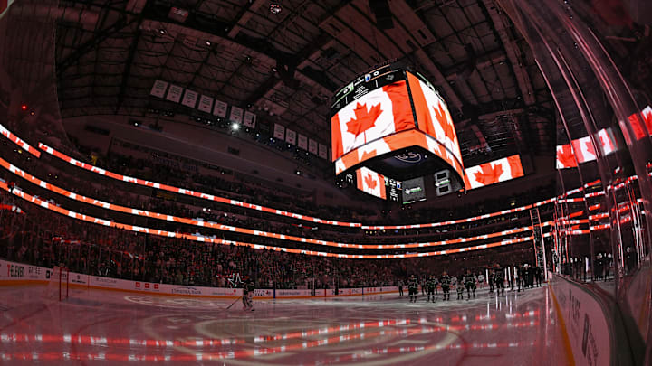 Mar 12, 2026; Dallas, Texas, USA; A view of the rink and the ice and the flag of Canada before the game between the Stars and the Oilers at the American Airlines Center. Mandatory Credit: Jerome Miron-Imagn Images