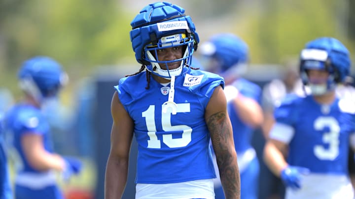 May 28, 2024; Thousand Oaks, CA, USA; Los Angeles Rams wide receiver Demarcus Robinson (15) during OTAs at the team training facility at California Lutheran University. Mandatory Credit: Jayne Kamin-Oncea-Imagn Images
