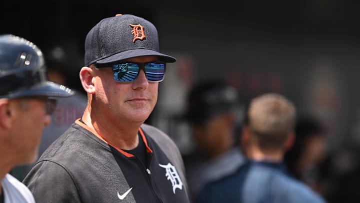 Jul 2, 2025; Washington, District of Columbia, USA; Detroit Tigers manager A.J. Hinch (14) watches a game against the Washington Nationals from the dugout during the first inning at Nationals Park. Mandatory Credit: Rafael Suanes-Imagn Images