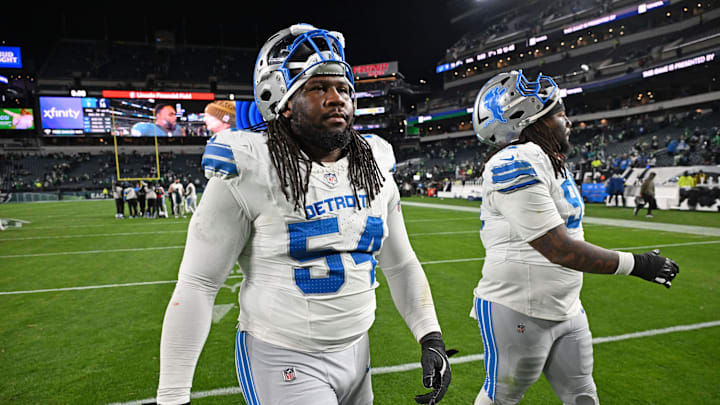 Nov 16, 2025; Philadelphia, Pennsylvania, USA; Detroit Lions defensive tackle Alim McNeill (54) and defensive tackle Tyleik Williams (91)walk off the field after loss to Philadelphia Eagles at Lincoln Financial Field. Mandatory Credit: Eric Hartline-Imagn Images Nov 16, 2025; Philadelphia, Pennsylvania, USA; Detroit Lions defensive tackle Alim McNeill (54) and defensive tackle Tyleik Williams (91)walk off the field after loss to Philadelphia Eagles at Lincoln Financial Field. Mandatory Credit: Eric Hartline-Imagn Images