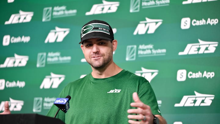 Jun 11, 2025; Florham Park, NY, USA; New York Jets offensive coordinator Tanner Engstrand speaks at a press conference during minicamp at Atlantic Health Jets Training Center. Mandatory Credit: John Jones-Imagn Images