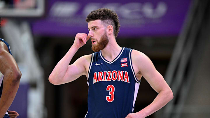 Jan 10, 2026; Fort Worth, Texas, USA; Arizona Wildcats guard Anthony Dell'orso (3) looks on during the game between the Horned Frogs and the Wildcats at Ed and Rae Schollmaier Arena. Mandatory Credit: Jerome Miron-Imagn Images