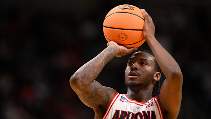 Mar 28, 2026; San Jose, CA, USA; Arizona Wildcats guard Jaden Bradley (0) shoots the ball against the Purdue Boilermakers in the first half during an Elite Eight game of the West Regional of the men's 2026 NCAA Tournament at SAP Center. Mandatory Credit: Eakin Howard-Imagn Images