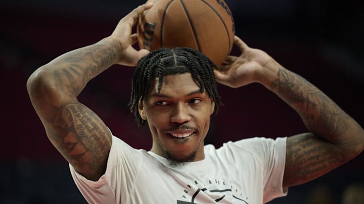 Feb 1, 2026; Portland, Oregon, USA; Portland Trail Blazers guard Caleb Love (2) warms up before a game against the Cleveland Cavaliers at Moda Center. Mandatory Credit: Troy Wayrynen-Imagn Images