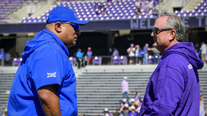 Oct 14, 2023; Fort Worth, Texas, USA; TCU Horned Frogs head coach Sonny Dykes talks with Brigham