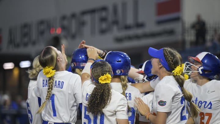 May 10, 2024; Auburn, AL, USA;  The Florida Gators cheer for teammate Mia Williams (11) Mandatory Credit: Julie Bennett-Imagn Images