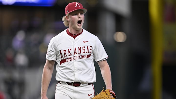 Feb 23, 2025; Arlington, TX, USA; The Michigan Wolverines play the Arkansas Razorbacks during the Amegy Bank College Baseball Series presented by Kubota Weekend 2 at Globe Life Field. Mandatory Credit: Jerome Miron-Imagn Images