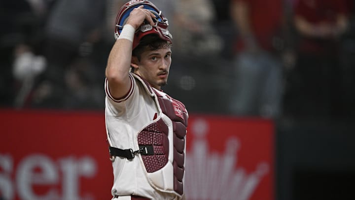 Feb 23, 2025; Arlington, TX, USA; The Michigan Wolverines play the Arkansas Razorbacks during the Amegy Bank College Baseball Series presented by Kubota Weekend 2 at Globe Life Field. Mandatory Credit: Jerome Miron-Imagn Images