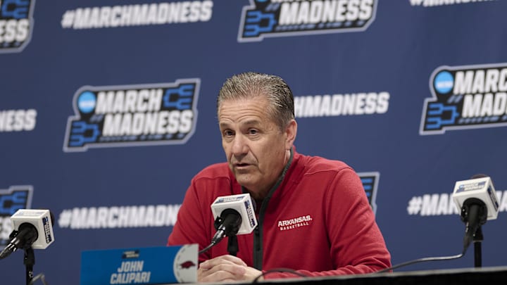 Mar 18, 2026; Portland, OR, USA; Arkansas Razorbacks head coach John Calipari answers questions during a press conference before a practice session ahead of the first round of the men's 2026 NCAA Tournament at Moda Center. Mandatory Credit: Troy Wayrynen-Imagn Images