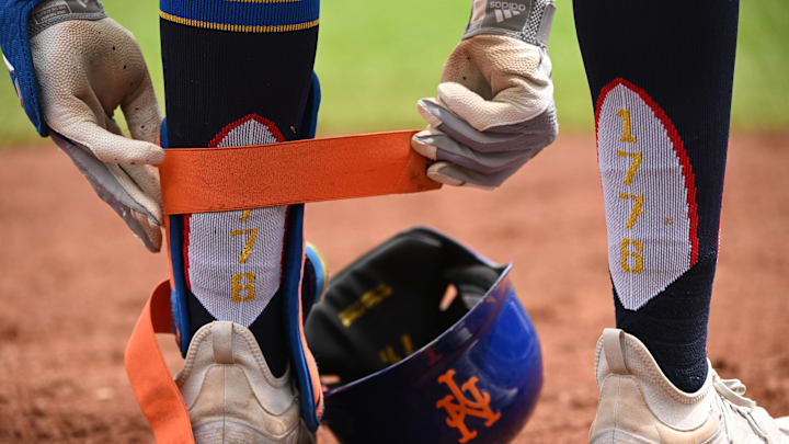 Jul 4, 2024; Washington, District of Columbia, USA; New York Mets third baseman Mark Vientos (27) wears 4th of July themed socks against the Washington Nationals during the eighth inning at Nationals Park. Mandatory Credit: Rafael Suanes-USA TODAY Sports