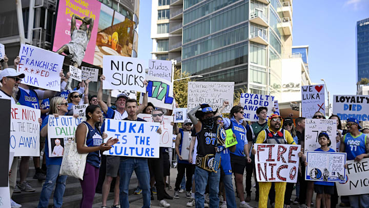 Feb 8, 2025; Dallas, Texas, USA; Dallas Mavericks fans gather outside the arena before the game between the Dallas and the Houston Rockets to protest the Nico Harrison trade of former Mavericks point guard Luka Doncic to the Los Angeles Lakers. Mandatory Credit: Jerome Miron-Imagn Images