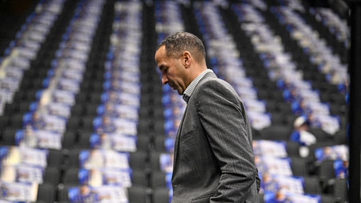 Feb 10, 2025; Mavs GM Nico Harrison makes his rounds of the American Airlines Center prior to Dallas' game versus Sacramento