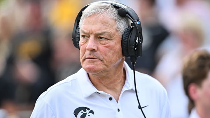 Aug 30, 2025; Iowa City, Iowa, USA; Iowa Hawkeyes head coach Kirk Ferentz looks on before the game against the Albany Great Danes at Kinnick Stadium. Mandatory Credit: Jeffrey Becker-Imagn Images