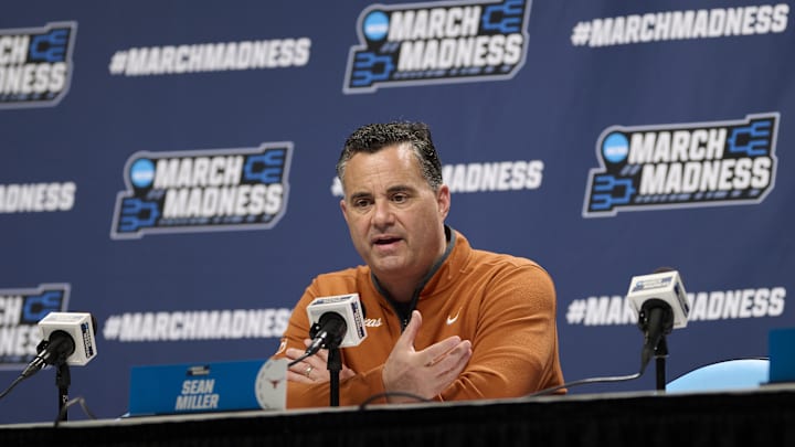 Mar 18, 2026; Portland, OR, USA; Texas Longhorns head coach Sean Miller answers questions during a press conference before a practice session ahead of the first round of the men's 2026 NCAA Tournament at Moda Center. Mandatory Credit: Troy Wayrynen-Imagn Images