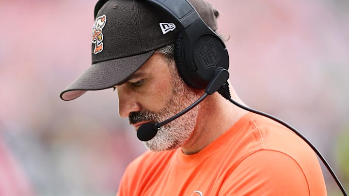 Aug 10, 2024; Cleveland, Ohio, USA; Cleveland Browns head coach Kevin Stefanski during the second half against the Green Bay Packers at Cleveland Browns Stadium. Mandatory Credit: Ken Blaze-Imagn Images