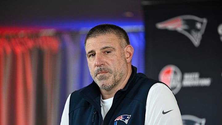 Mar 13, 2025; Foxborough, MA, USA; New England Patriots head coach Mike Vrabel discusses the teamís recent free agent additions with the media at Gillette Stadium. Mandatory Credit: Eric Canha-Imagn Images