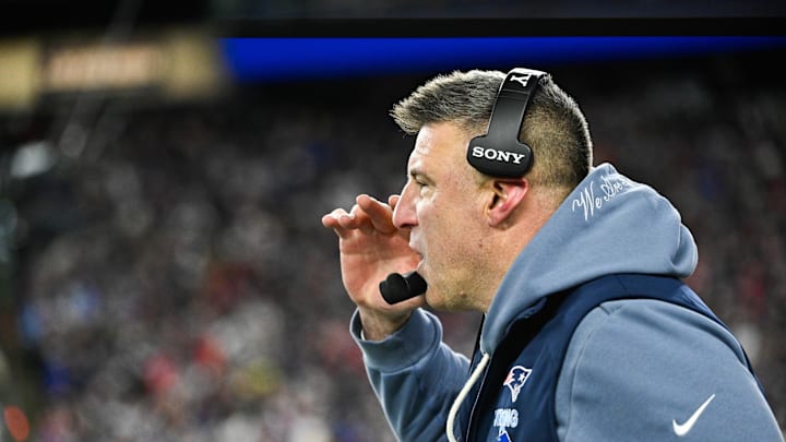 Jan 11, 2026; Foxborough, MA, USA; New England Patriots head coach Mike Vrabel calls a play during the second quarter against the Los Angeles Chargers in an AFC Wild Card Round game at Gillette Stadium. Mandatory Credit: Eric Canha-Imagn Images