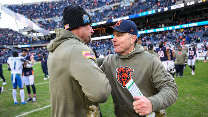 Nov 13, 2022; Chicago, Illinois, USA; Detroit Lions head coach Dan Campbell and Chicago Bears head coach Matt Eberflus shake hands after the game at Soldier Field. Mandatory Credit: Daniel Bartel-Imagn Images