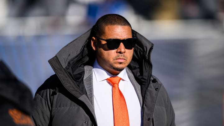 Dec 4, 2022; Chicago, Illinois, USA; Chicago Bears general manager Ryan Poles looks on before the game against the Green Bay Packers at Soldier Field. Mandatory Credit: Daniel Bartel-Imagn Images