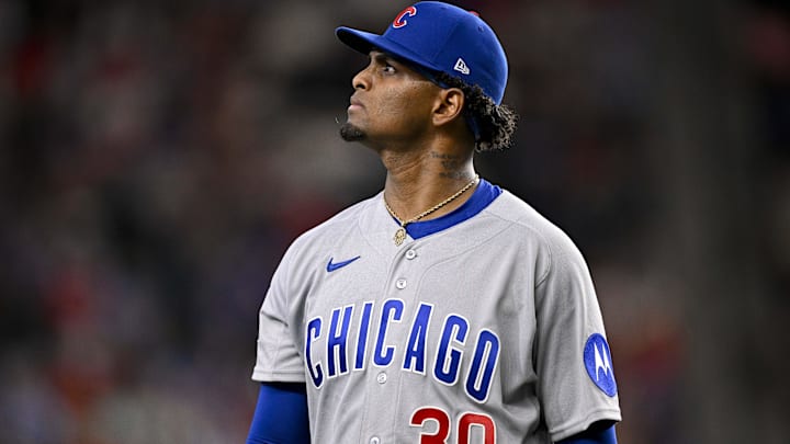 May 9, 2026; Arlington, Texas, USA; Chicago Cubs starting pitcher Edward Cabrera (30) comes off the field after he pitches against the Texas Rangers during the third inning at Globe Life Field. Mandatory Credit: Jerome Miron-Imagn Images