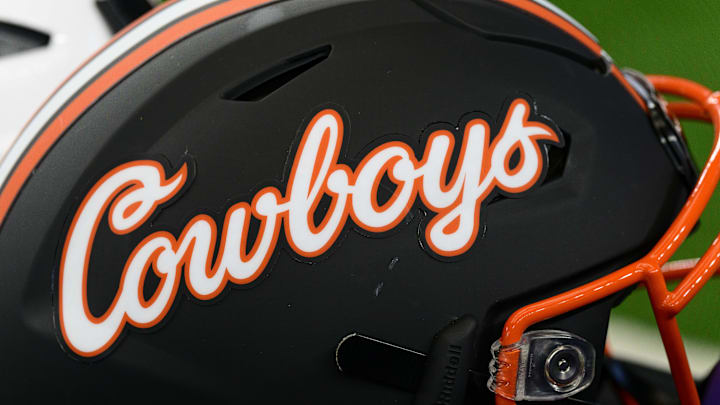 Jul 14, 2022; Arlington, TX, USA; A view of the Oklahoma State Cowboys helmet logo during the Big 12 Media Day at AT&T Stadium. Mandatory Credit: Jerome Miron-Imagn Images