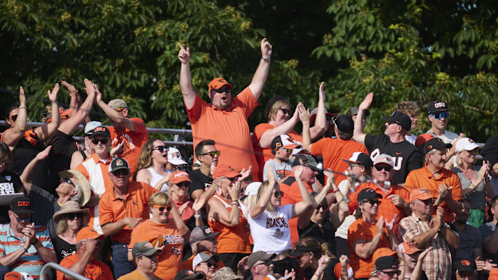 Jun 1, 2025; Corvallis, OR, USA; Oregon St. fans cheer during the sixth inning as the home team scores against Saint Mary's at the NCAA Corvallis Regional at Goss Stadium. Mandatory Credit: Troy Wayrynen-Imagn Images