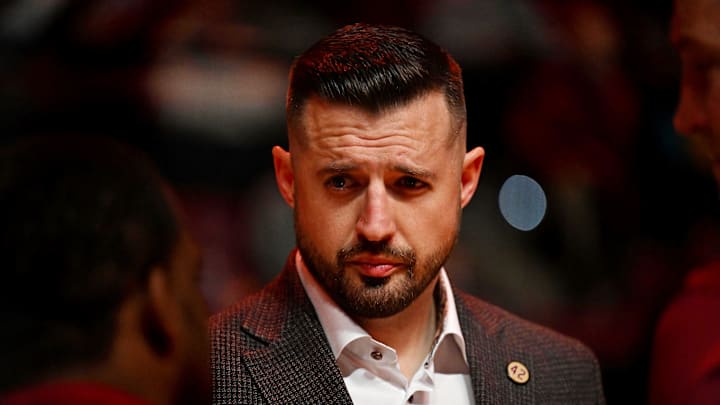 Jan 17, 2026; Tallahassee, Florida, USA; Florida State Seminoles head coach Luke Loucks before the game against the Wake Forest Demon Deacons at Donald L. Tucker Center. Mandatory Credit: Melina Myers-Imagn Images