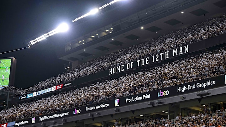 Sep 17, 2022; College Station, Texas, USA; A view of the fans and the stands and the 12th Man logo during the second half of the game between the Texas A&M Aggies and the Miami Hurricanes at Kyle Field. Mandatory Credit: Jerome Miron-USA TODAY Sports