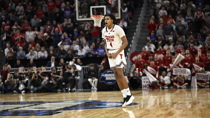 Mar 27, 2025; San Francisco, CA, USA; Texas Tech Red Raiders guard Christian Anderson (4) reacts after shooting a three point basket during the second half against the Arkansas Razorbacks during a West Regional semifinal of the 2025 NCAA tournament at Chase Center. Mandatory Credit: Eakin Howard-Imagn Images