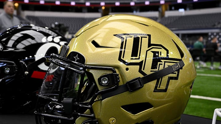 Jul 12, 2023; Arlington, TX, USA; A view of the UCF Knights helmet and logo during Big 12 football media day at AT&T Stadium. Mandatory Credit: Jerome Miron-Imagn Images