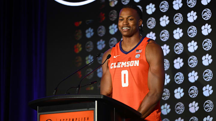 Oct 8, 2025; Charlotte, NC, USA; Clemson player RJ Godfrey answers questions from the media at The Hilton Charlotte Uptown. Mandatory Credit: William Howard-Imagn Images