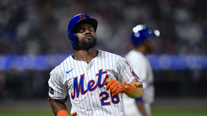 Aug 28, 2025; New York City, New York, USA; New York Mets outfielder Cedric Mullins (28) reacts after hitting a line drive for an out against the Miami Marlins during the sixth inning at Citi Field. Mandatory Credit: John Jones-Imagn Images Aug 28, 2025; New York City, New York, USA; New York Mets outfielder Cedric Mullins (28) reacts after hitting a line drive for an out against the Miami Marlins during the sixth inning at Citi Field. Mandatory Credit: John Jones-Imagn Images