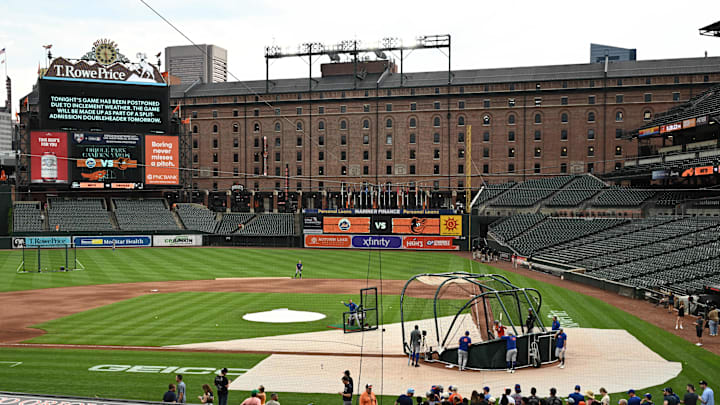 Jul 9, 2025; Baltimore, Maryland, USA; A general view of the stadium at Oriole Park at Camden Yards. The game between the Baltimore Orioles and the New York Mets is postponed due to forecasted inclement weather. Mandatory Credit: James A. Pittman-Imagn Images Jul 9, 2025; Baltimore, Maryland, USA; A general view of the stadium at Oriole Park at Camden Yards. The game between the Baltimore Orioles and the New York Mets is postponed due to forecasted inclement weather. Mandatory Credit: James A. Pittman-Imagn Images