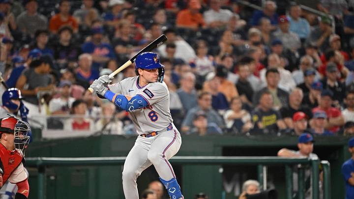 May 19, 2026; Washington, District of Columbia, USA;  New York Mets left fielder Nick Morabito (8) prepares to swing at a pitch against the Washington Nationals during the sixth inning at Nationals Park. Mandatory Credit: Rafael Suanes-Imagn Images
