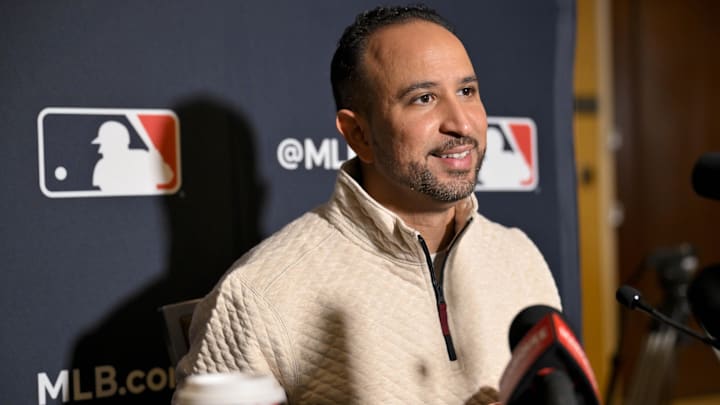 Dec 9, 2024; Dallas, TX, USA; St. Louis Cardinals manager Oliver Marmol speaks with the media at the Hilton Anatole during the 2024 MLB Winter Meetings. Mandatory Credit: Jerome Miron-Imagn Images