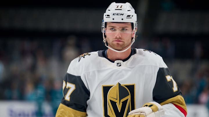 Sep 21, 2025; San Jose, California, USA; Vegas Golden Knights center Kai Uchacz (77) warms up before the game against the San Jose Sharks at SAP Center at San Jose. Mandatory Credit: Robert Edwards-Imagn Images